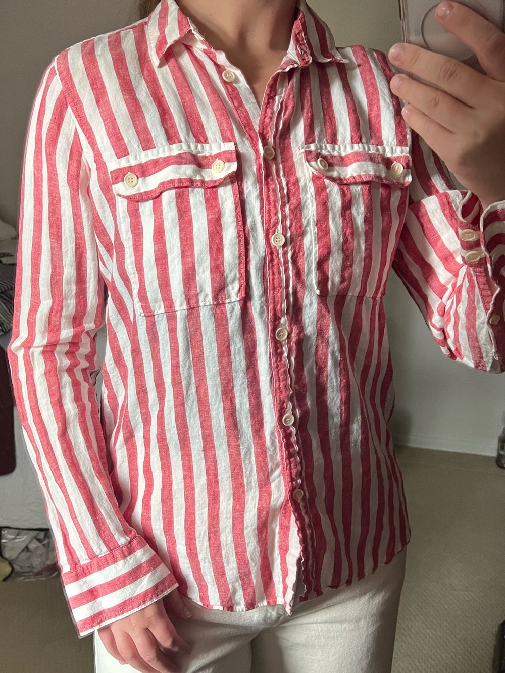 J. Crew Red and White Striped Button-Down Shirt